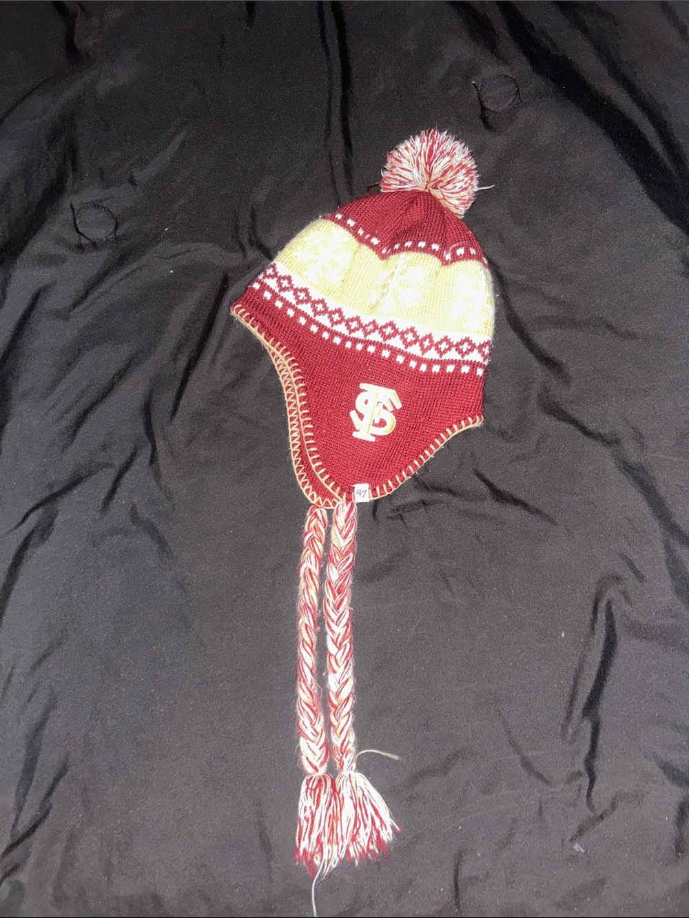 Maroon and Cream Knit Earflap Beanie with Pom Pom